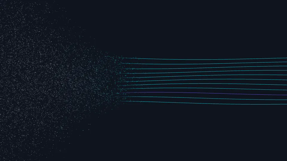 Scattered gray particles on the left resolving into a few clean cyan lines on the right: signal from noise.